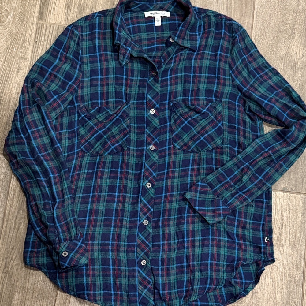 William Rast Navy and Teal Plaid Soft Cotton Flannel Button Down Shirt